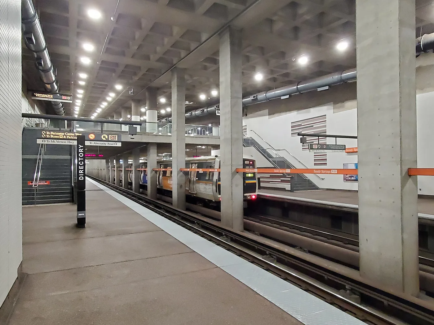 A MARTA train at the Sandy Springs station platform