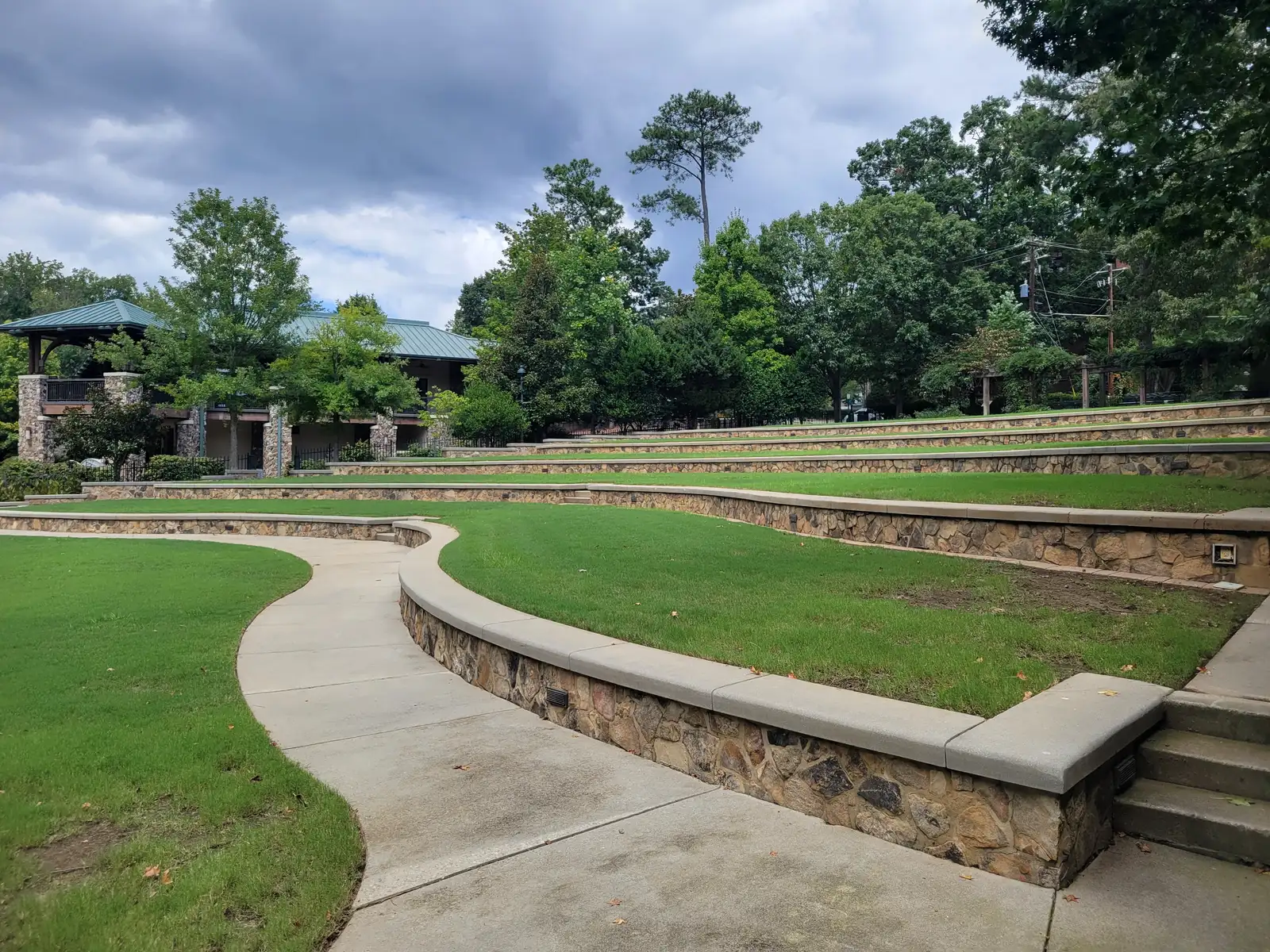 The lawn and terraced seating at Heritage Sandy Springs, a short walk from City Green in the City Springs District