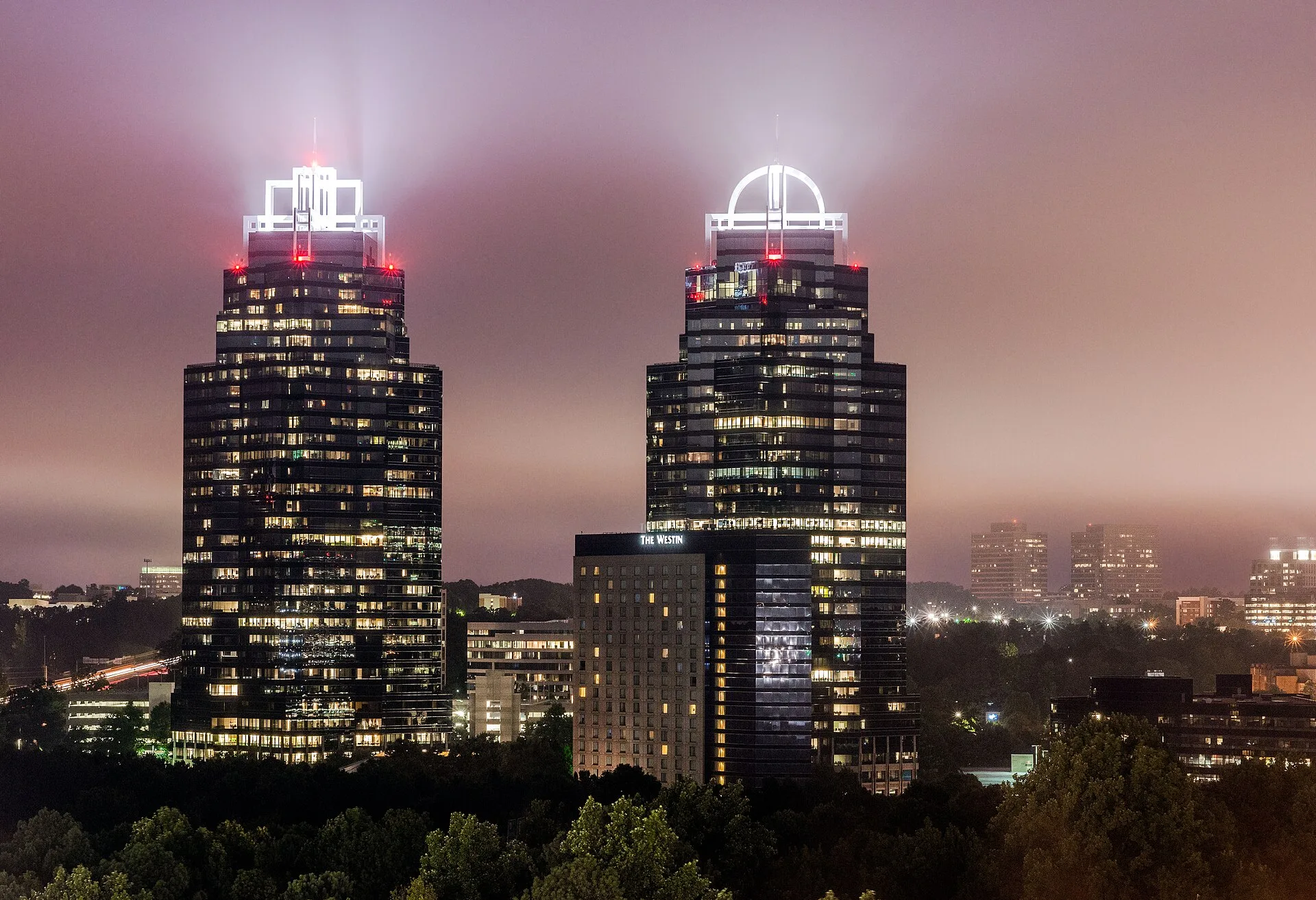 The King and Queen towers at Concourse Corporate Center in Sandy Springs. The study found jobs in the city grew 12% from 2019 to 2024 while the population stayed flat.
