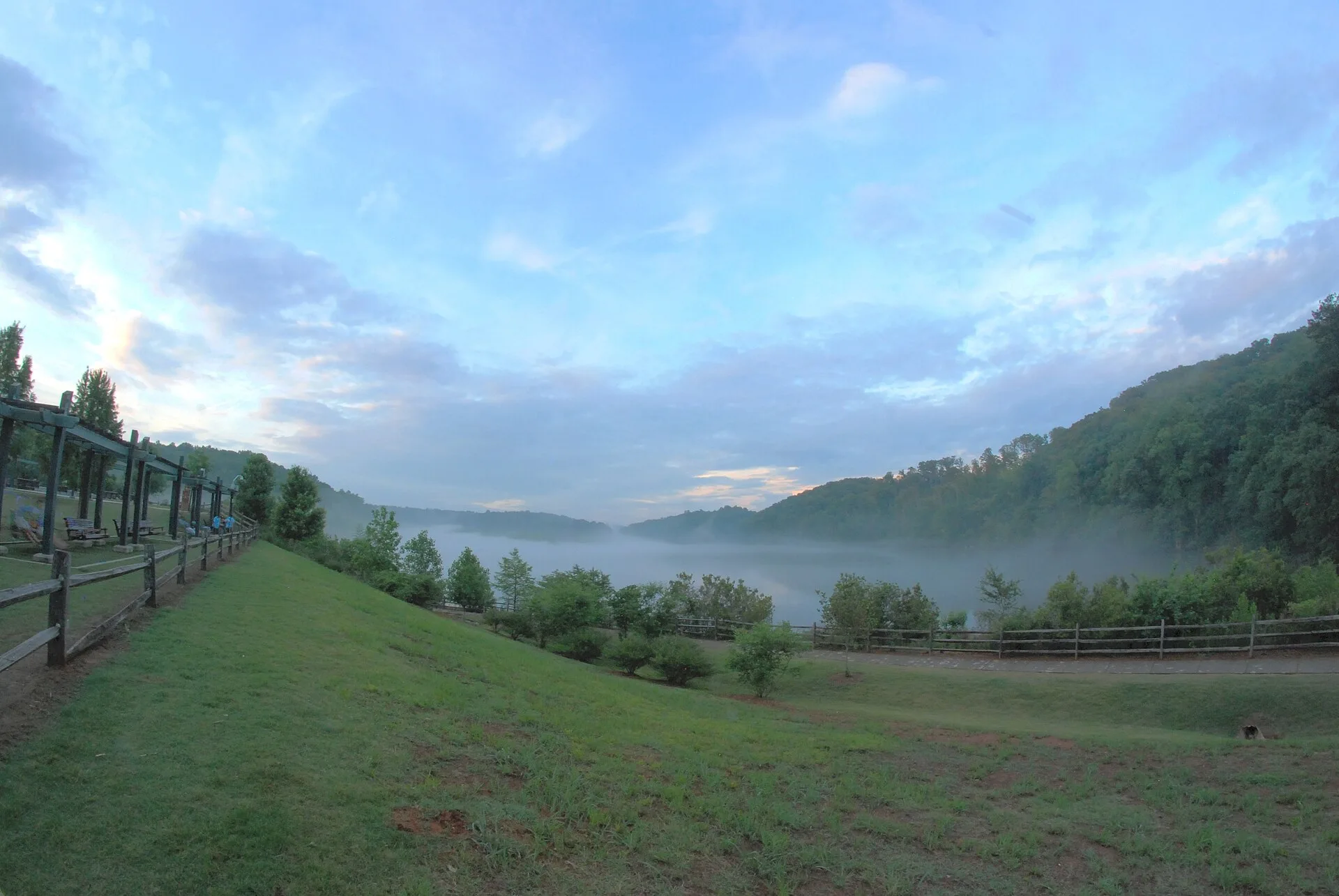 Fog over Bull Sluice Lake on the Chattahoochee River, seen from Morgan Falls Overlook Park, where Segment 2C would begin.