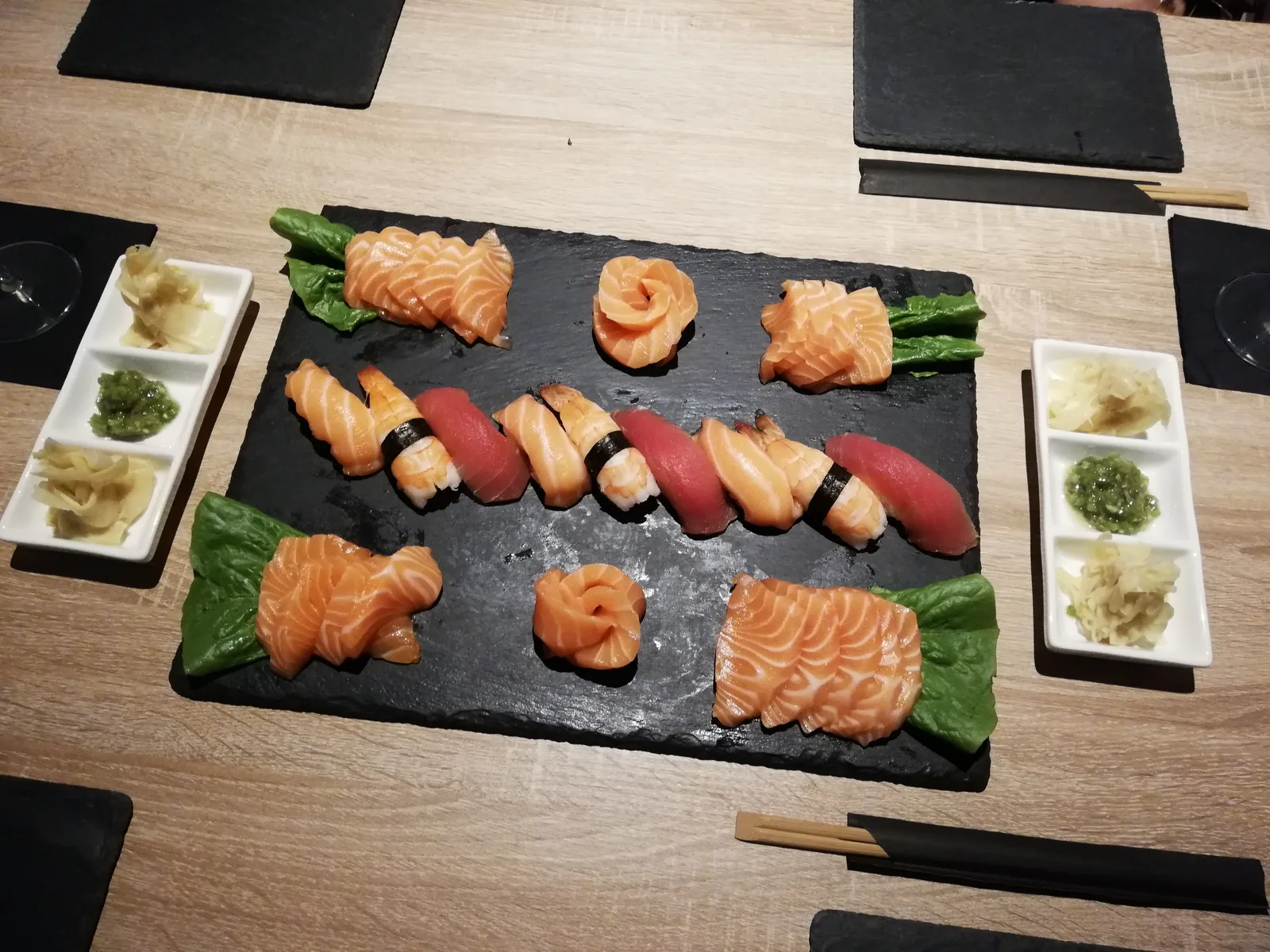 A plate of salmon and tuna nigiri and sashimi. The photo was not taken at a Sandy Springs restaurant.