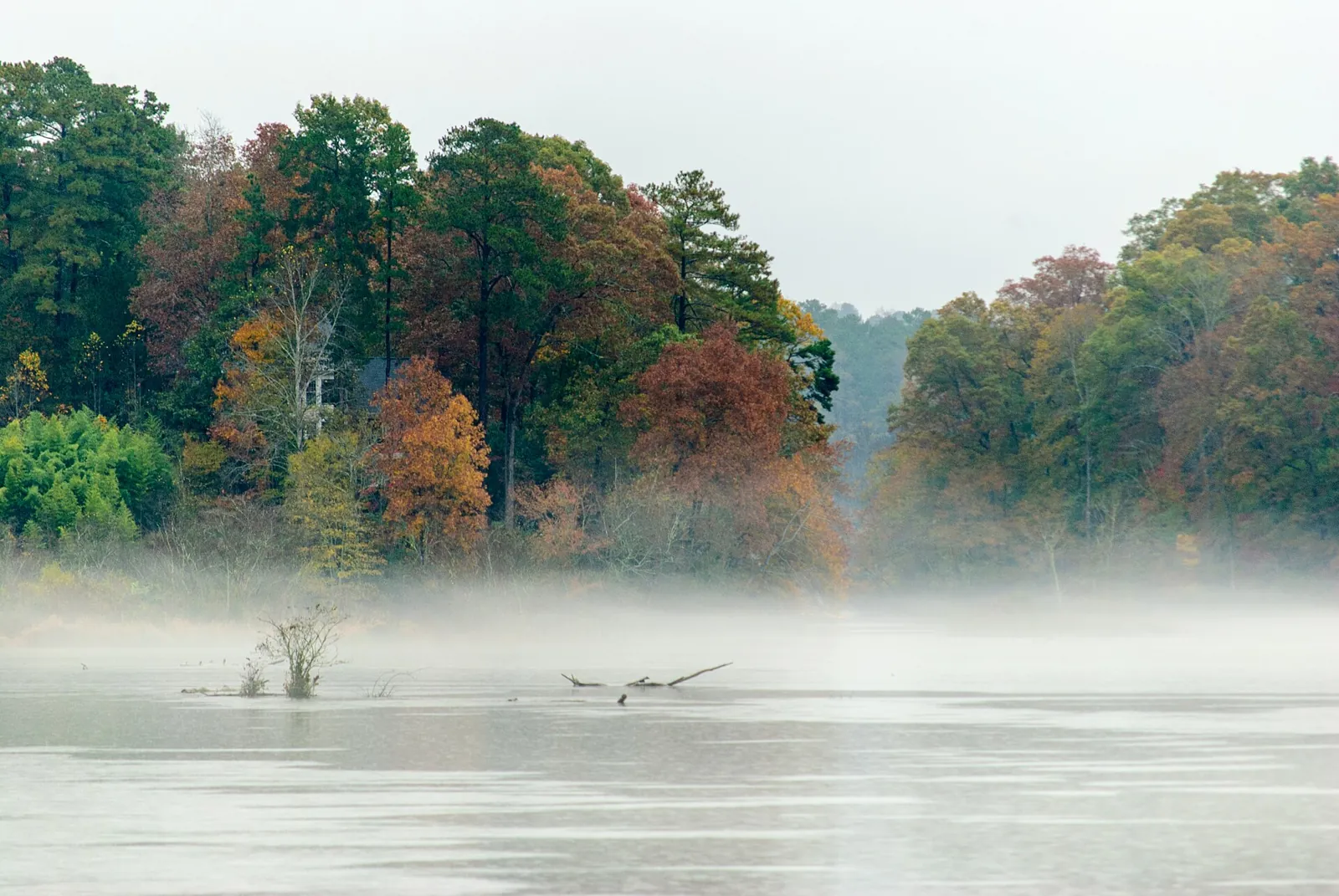 Fall color and morning mist on Bull Sluice Lake by Morgan Falls Overlook Park in Sandy Springs