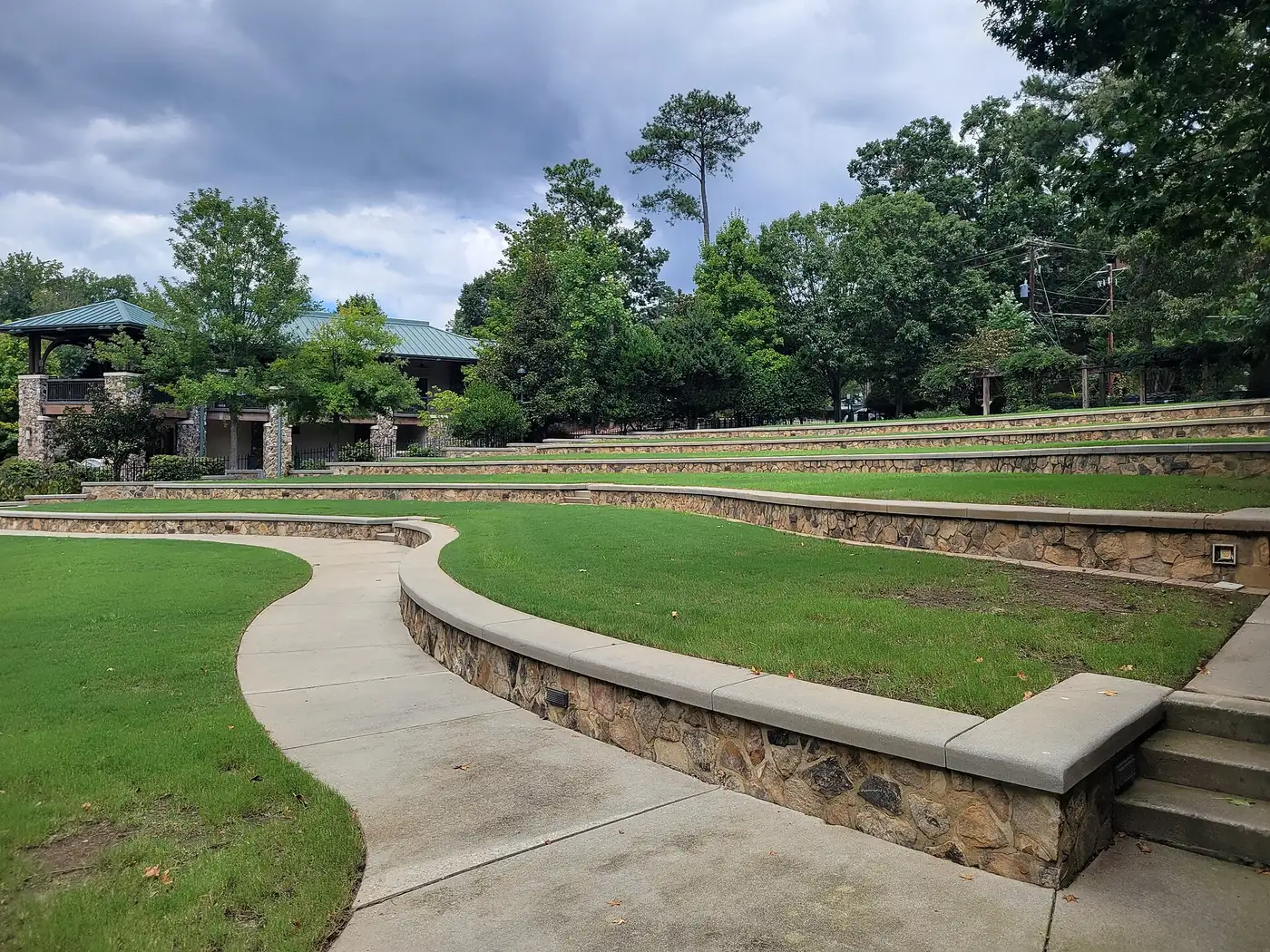 The lawn and terraced seating at Heritage Sandy Springs, where Movies by Moonlight is shown